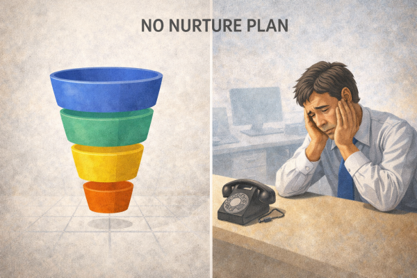 A sales person with an empty funnel and phone not ringing. 